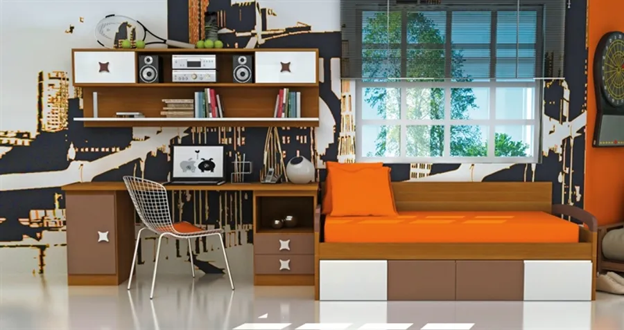 Habitación juvenil en naranja y nogal