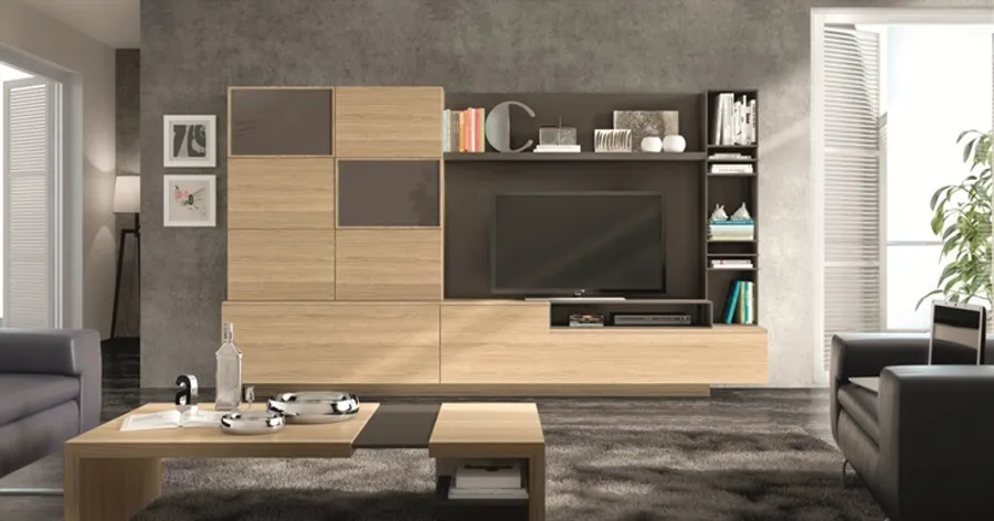 Salón con mueble de pared en madera de roble